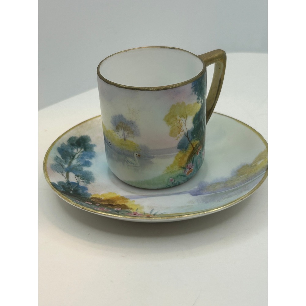 Hand Painted Porcelain Demitasse Cup & Saucer Set Swan Lake Landscape JAPAN - Picture 1 of 15